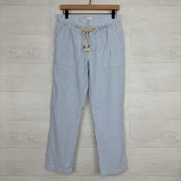 Anthropologie Seashore Linen Blend Pants Women XS Blue Striped Rope Belt Crop - Picture 2 of 16
